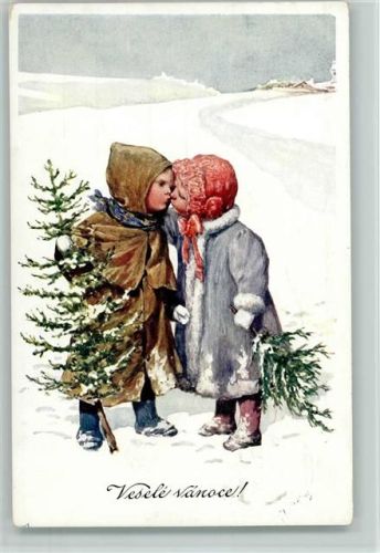 BKW Serie 2781-4 - Vesele Vanoce - Kinder mit einem Weihnachtsbaum und Kinderkuss