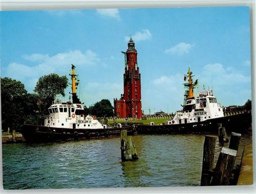 Bremerhaven Alter Leuchtturm und Rettungsschiffe Weser und Rekum AK