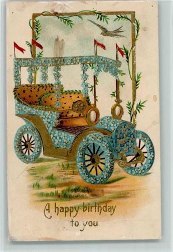 1908 Birthday - Prägedruck, Litho - Blütenbild - Automobil aus Blüten, Vergissmeinnicht AK