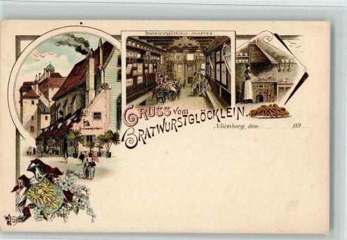Nürnberg Bratwurstglöcklein Innenaufnahme Gastraum Küche Würste Wappen 3-Bildaufnahme