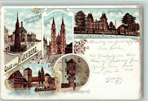 Nürnberg 1899 Schöner Brunnen un Frauenkirche St. Lorenzkirche Stadtpark Henkersteg Erker und Sebalderpfarrhof Mehrfachaufnahme