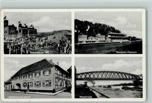 76473 W7557 Iffezheim 1957 Gebrauchsspuren Mehrfachbilder - Rennplatz um 1860, Gasthaus zum Schiff AK