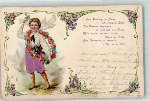 1904 Serie 3396 Prägedruck Kind Rosen Tauben Jugendstil Lithographie