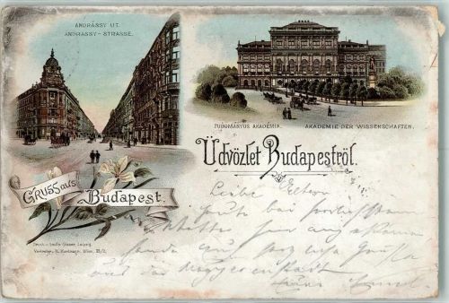 Budapest 1895 Andrassy-Straße Akademie der Wissenschaften Lithographie