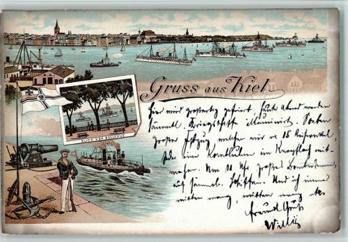 Kiel 1897 Gruss aus - Kriegsschiffe, Dampfpinasse, Kanone,