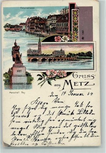 Metz 1904 Lithographie Felsenstraße Marschall Ney-Denkmal Todtenbrücke