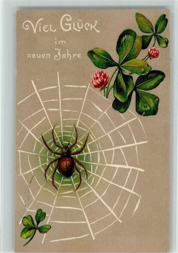 1906 Neujahr - Spinne im Spinnennetz, Glücksklee AK