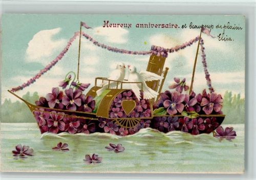 1906 Heureux anniversaire - Blütenschiff, weiße Tauben, AK