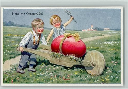 Ostern - Kinder schieben ein großes Osterei , Verlag BKW Serie 4679-5 AK