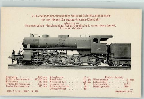 2 D-Heissdampf-Vierzylinder-Verbund-Schnellzuglokomotive für die Madrid - Saragossa - Alicante -Eisenbahn Hanomag Nr. 217d