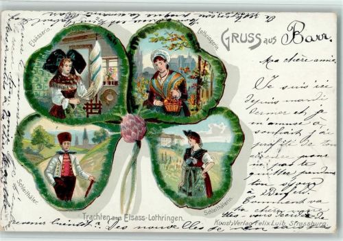 Trachten aus Elsass-Lothringen Schleithäler Elsässerin Spinnrad Lothringerin Vierblättriges Kleeblatt Trachten 1900 Lithographie