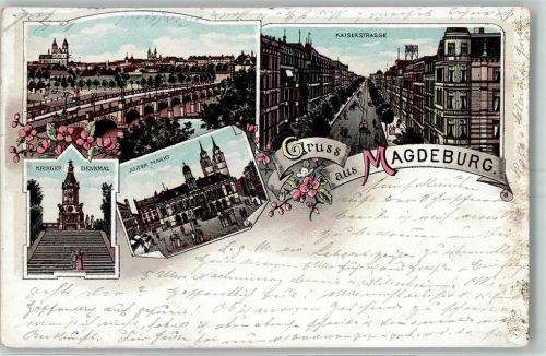 Magdeburg Kriegerdenkmal Alter Markt Kaiserstraße Lithographie Bahnpost Halle - Löhne Zug 241