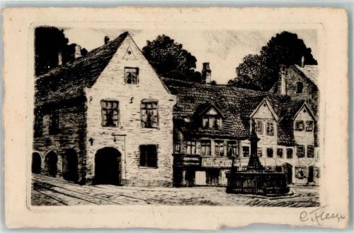 Flensburg Nordermarkt Alte Häuser Brunnen Original Unterschrift Original - Radierung