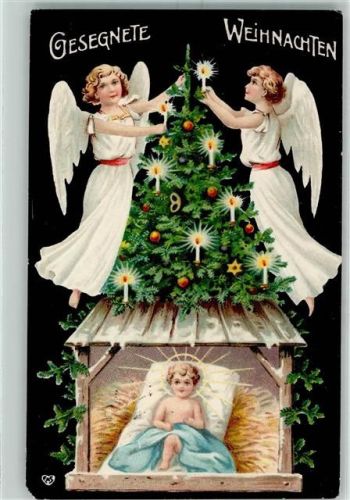 1904 Prägedruck Engel Heilige Kind geschmückter Tannenbaum AK