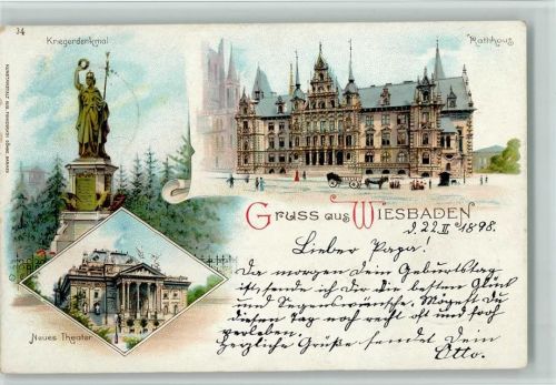 Wiesbaden 1898 Nr. 34 Kunstanstalt Finkenrath - Gruss aus - Rathaus, Theater, Kriegerdenkmal, gute Erhaltung AK