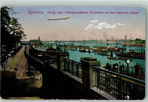 Hamburg 1914 Luftschiff Hansa über der Stadt Hafen AK