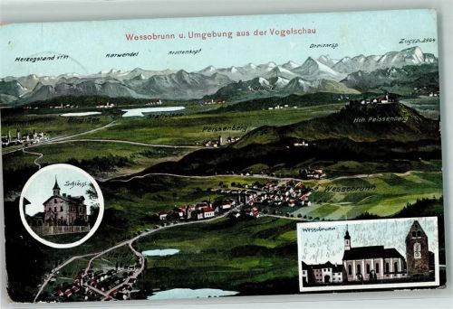 Wessobrunn 1915 Vogelschau Wessobrunn u. Umgebung Schlößl Pfarrkirche St. Johann Baptist Grauer Herzog