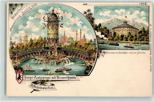 Treptow 1896 Gewerbe-Ausstellung 1896 Haupt-Restaurant Wasserturm Scheinwerfer