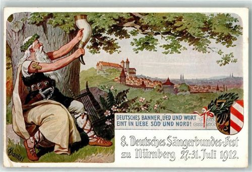 Nürnberg 1912 8. Deutsches Sängerbundes Fest 27.-31. Juli 1912 Wappen Kirche Trinkhorn sign. Bankel