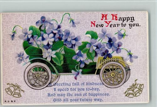 1908 Happy New year, Neujahr Blütenauto