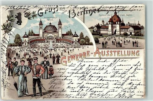 Treptow 1896 Gewerbe-Ausstellung 1896 Ausstellungs-Palast und Pavillion d. Stadt Berlin Lithographie