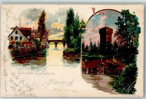 Fürth 1911 Ludwigsbrücke Turm Schwarz-Weiss-Rot Bahnpost Nrbg.-Wrzb VI