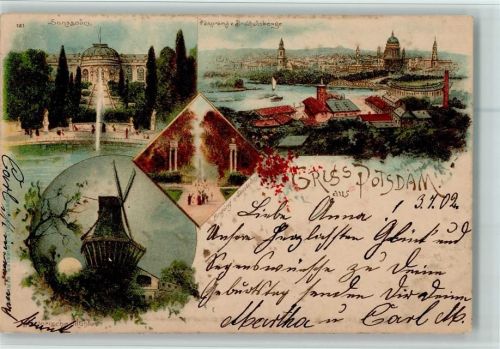 Potsdam 1902 Sanssouci Panorama vom Brauhausberge Eingang nach Sanssouci Histor. Mühle 4-Bildaufnahme