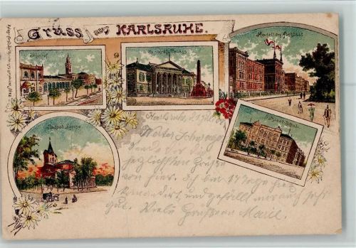 Karlsruhe 1902 Bahnhof Kadetten-Anstalt Oststadt-Schule Markgräfl. Palais Kirche