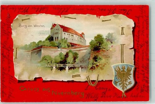Nürnberg 1905 Burg von Westen Wappen Passpartout Lithographie