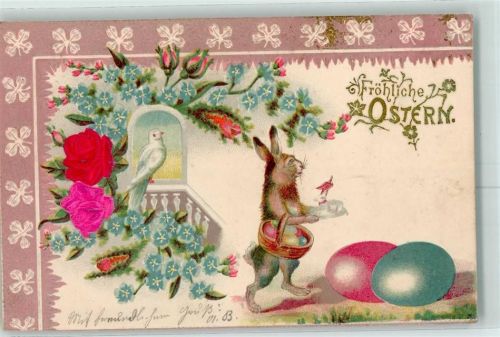1901 Prägedruck Rosen aus Stoff , Hase Taube Vergissmeinnicht Lithographie AK