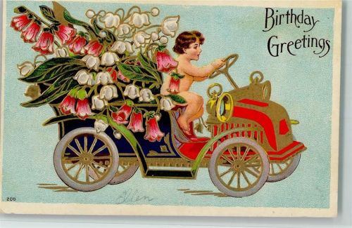 Serie 200 - Birthday - Auto mit Blüten , gute Erhaltung AK Glückwunsch Auto 1907 Prägedruck