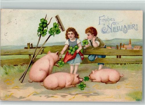 1907 Neujahr - Kinder mit Kleeblätter AK