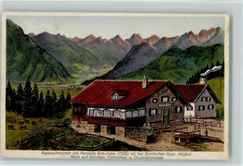 W7970 Sonthofen Alpenwirtschaft mit Pension Eck-Alp und Hüttenstempel Pernat 1930 Künstlerkarte