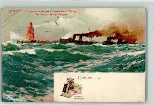 Swinemünde Ostsee Torpedoboote bei stürmischem Wetter verlassen Swinemünde Werbung Hauswaldts Spezialitäten sign W. Stöwer Künstlerkarte