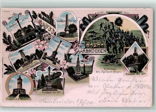 St. Johann 1900 Lithographie Denkmal der 77er Denkmal der 74er Denkmal der 39er Denkmal der 53 mit Ehnenthal Denkmal auf dem Winterberg Denkmal der 12er Denkmal der 48er Erstürmung des Spicherer Berges Denkmal der 40er