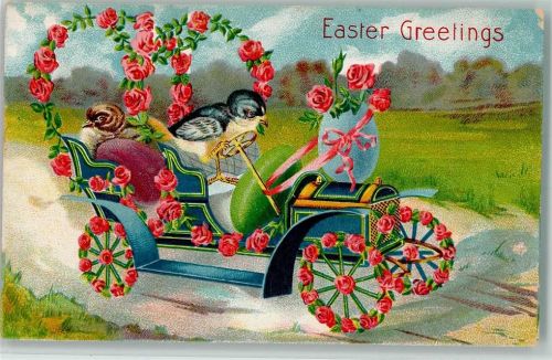 1908 Easter Greetings, Blütenauto, Vögel fahren Auto , Rosenblüten, gute Erhaltung AK