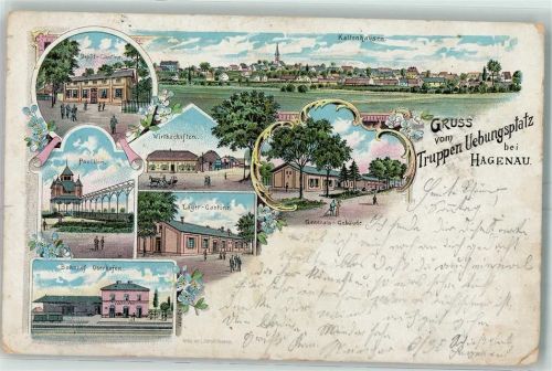 Haguenau Truppen Übungsplatz Kaltenhausen Depot Kantine Pavillon Lager Generals Gebäude Bahnhof Oberhofen Gasthaus Kutsche Kirche Blumen Lithographie