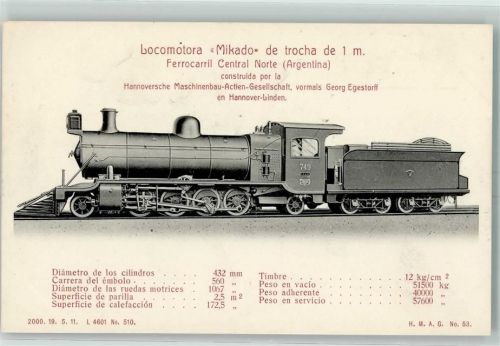 Locomotora Mikado de trocha de 1m Ferrocarril Central Norte Hanomag 749 Nr. 53