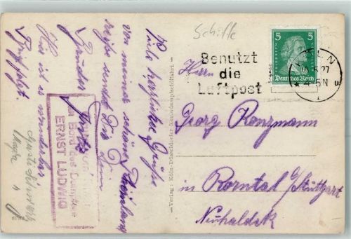 Bordstempel Gruss vom Rhein Dampfer Ernst Ludwig - Stempel Köln 10.5.27