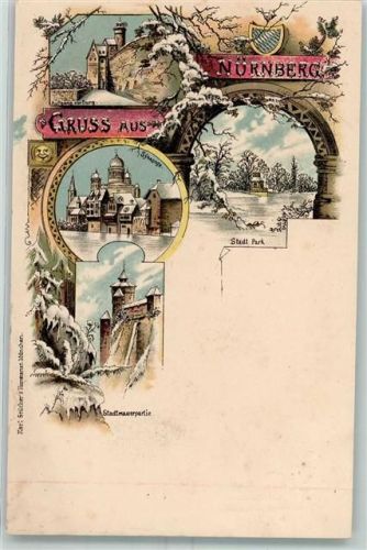 Nürnberg Aufgang zur Burg Stadtpark Synagoge Stadtmauerpartie Winter Lithographie