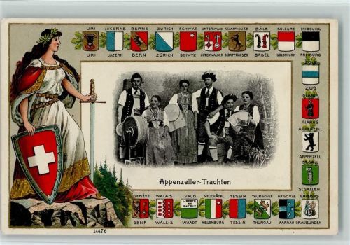1911 Prägedruck Appenzeller Trachten Helvetia Wappen Lithographie