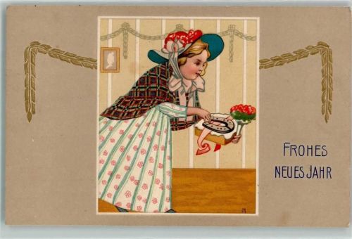 Künstlerkarte Neujahr Passepartout Kuchen Biedermeier AK Hufeisen 1906 Lithographie / Prägedruck