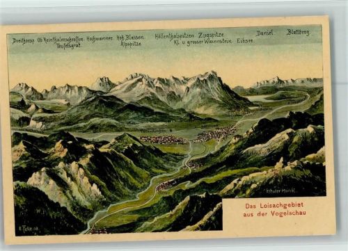 Garmisch-Partenkirchen Landkarte Loisachgebiet aus der Vogelpespektive Original aus dem Nachlaß von Manfred Felle