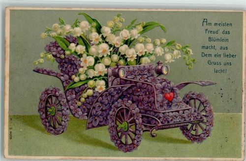 Blütenauto, Maiglöckchen und Vers AK Glückwunsch Auto 1909 Prägedruck