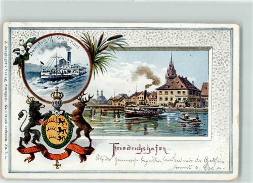Friedrichshafen 1900 Dampfschiff König Karl Wappen Lithographie