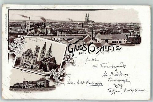 Oschatz 1899 Kirche Rathaus Kaserne Lithographie