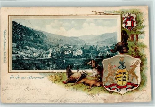 W7506 Bad Herrenalb Lithographie Prägedruck Passepartout Jagd Hund Hase Auerhahn Wappen Passepartout Gebrauchsspuren