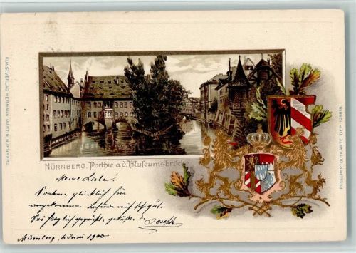 Nürnberg 1900 Prägedruck Partie an der Museumsbrücke Wappen Lithographie