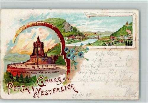 Porta Westfalica 1898 Provinzial-Denkmal Kaiser Wilhelm des Grossen Ortsansicht Brücke 2-Bildaufnahme
