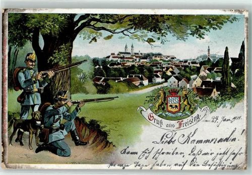 Freising 1911 Polizisten mit Hund Gewehre Stadtwappen